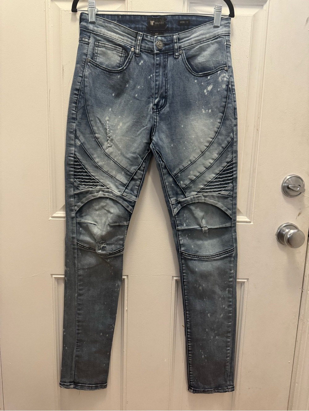 Slim Moto-Panel Skinny Jeans in Distressed Light Blue 0014